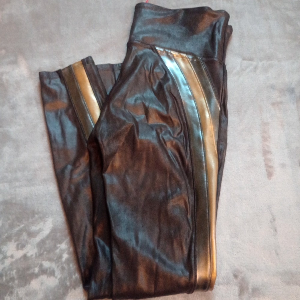 Spanx Faux Leather Track Metallic Stripe Pants Leggings Womens Sz Medium Stretch